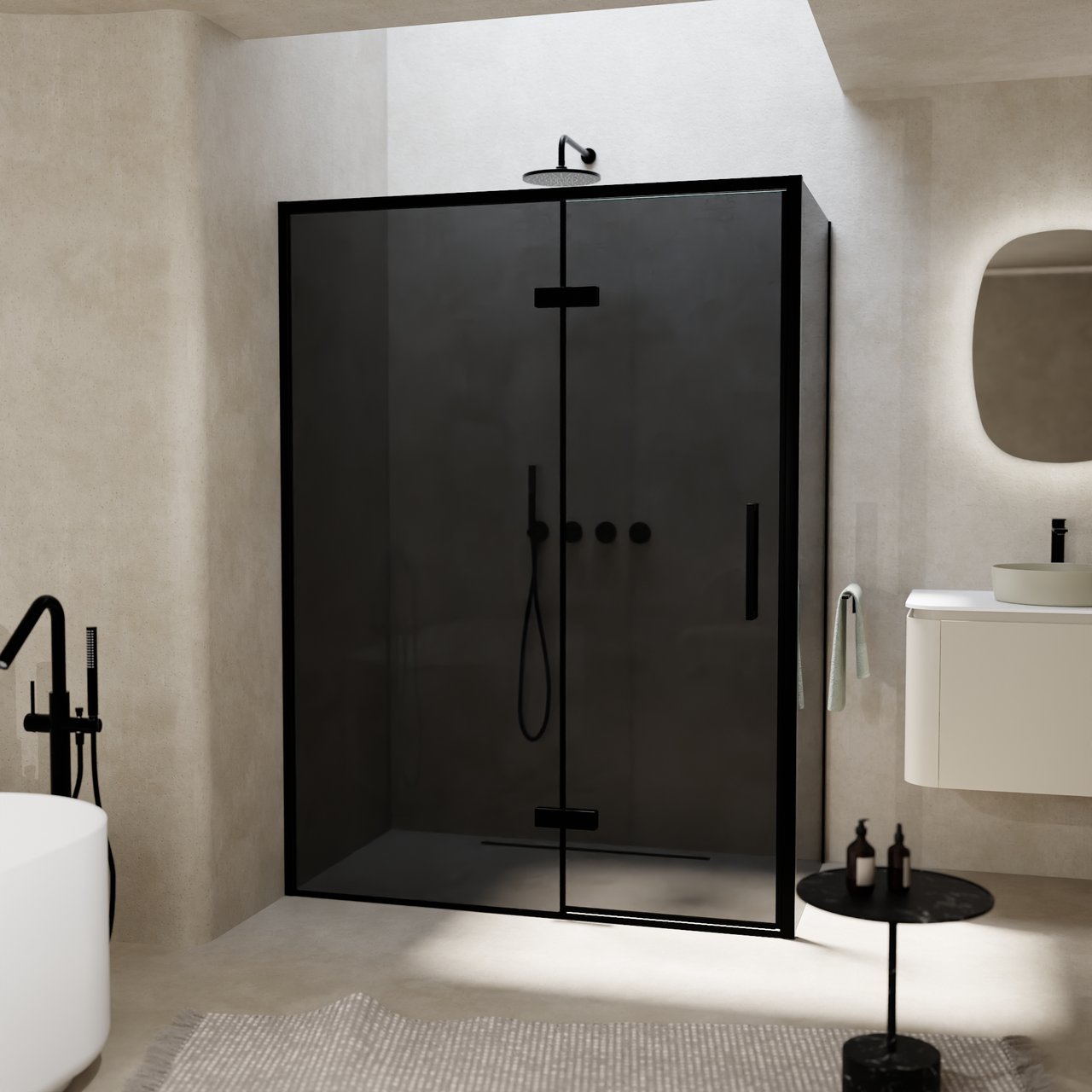 Balmani Senses Design douche en coin avec porte pivotante à gauche et paroi latérale fixe, 140 x 90 cm, Verre fumé, Profil noir