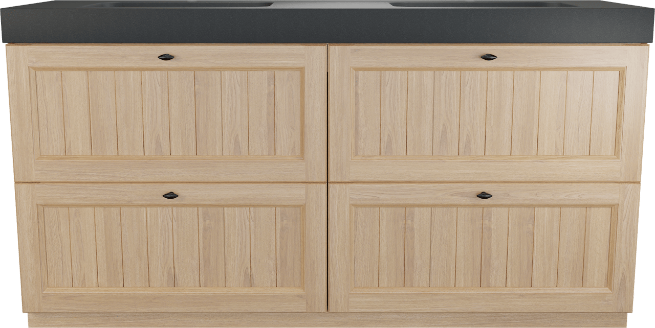 Balmani Lemon freistehendes Möbelstück Set: 180 x 55 cm, Naturbelassene Eiche Furnier, mit Napoli Doppelwaschtisch, Schwarzes Granit