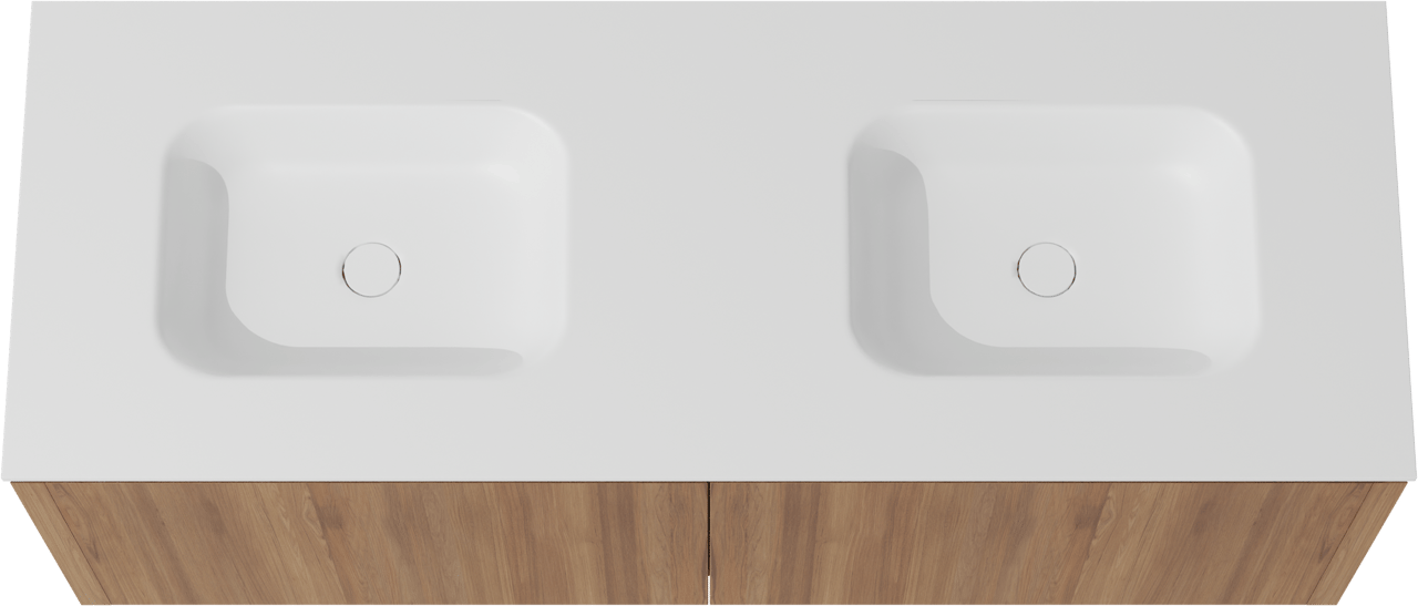 Balmani Eclips zwevend badkamermeubel 150 x 55 cm Teak met Tablo Arcato dubbele wastafel in Solid Surface mat wit