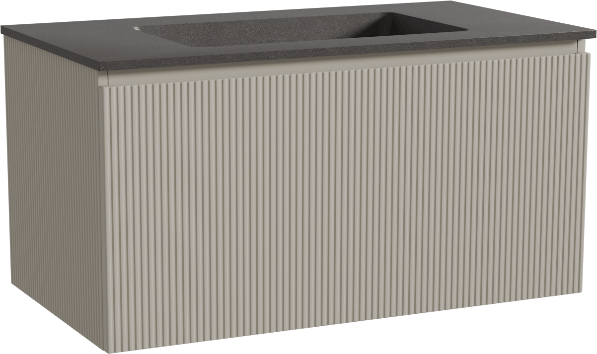 Storke Ribs zwevend badmeubel 95 x 52 cm zijdegrijs met Scuro enkele wastafel in kwarts mat zwart, Verticale symmetrische rechte ribbel