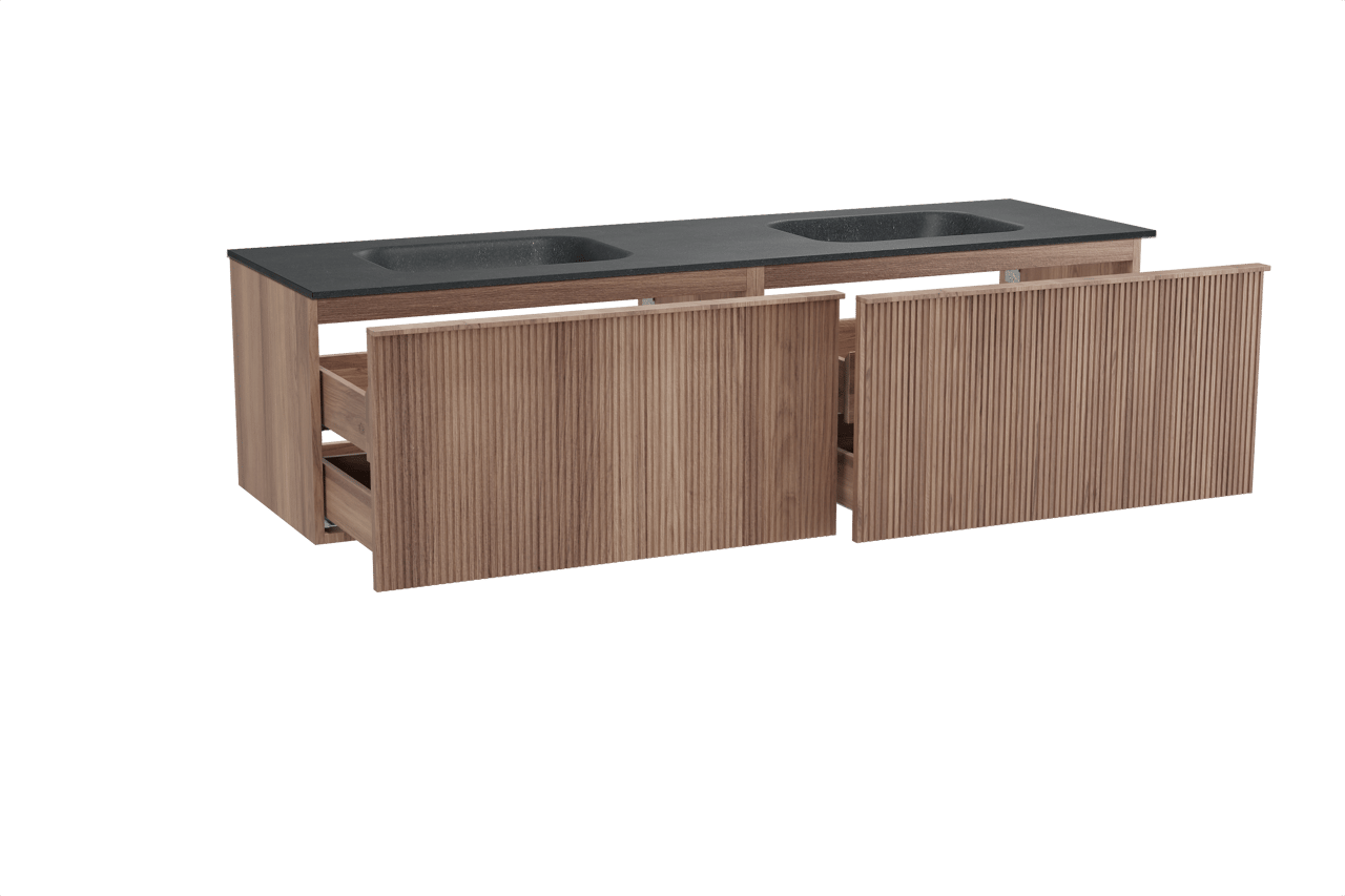 Balmani Forma meuble salle de bains suspendu 180 x 55 cm teck avec Tablo Arcato double vasque en granit noir, Nervure droite symétrique verticale