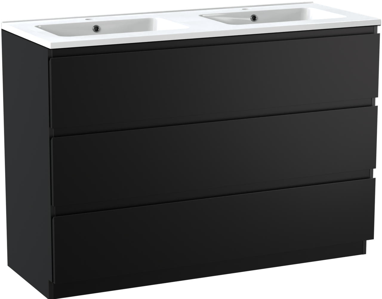 Linie Lado freistehendes Möbelstück Set: 120 x 46 cm, Schwarz matt, mit Vano Doppelwaschtisch, Marmorkomposit Weiß glänzend