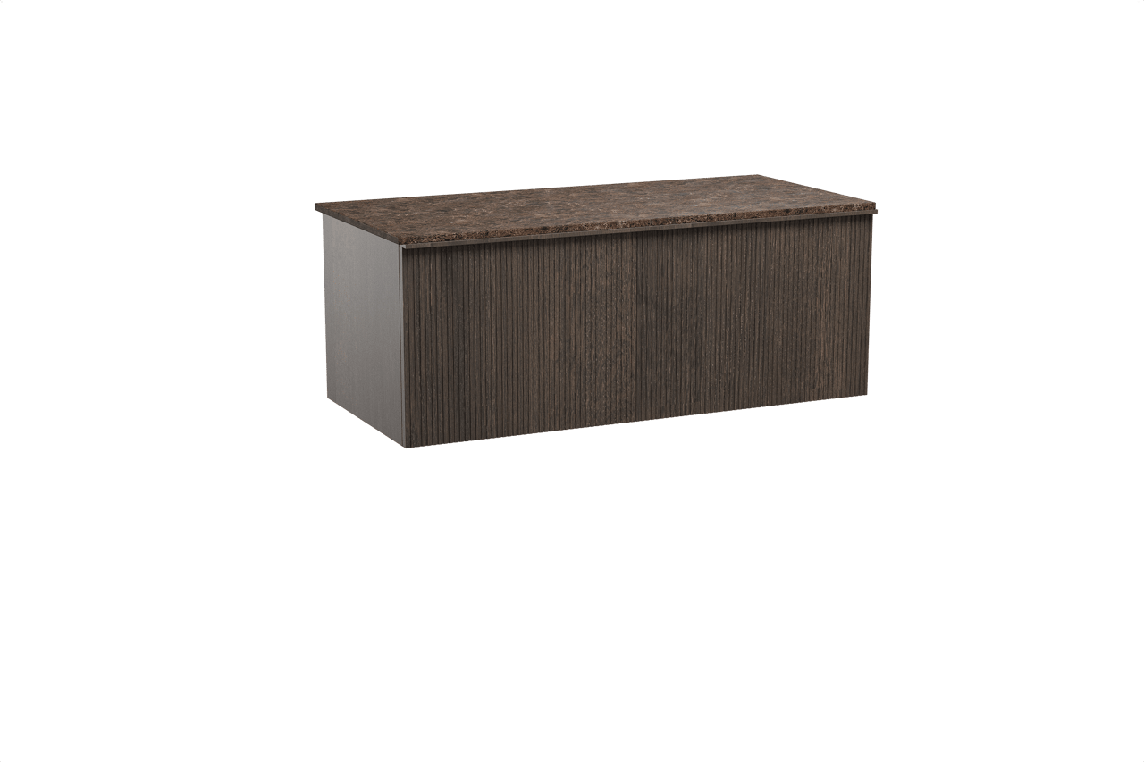 Balmani Forma hängendes Möbelstück Set: 120 x 55 cm, Geräucherte Eiche, mit Stretto Einzel- oder Doppel Waschtischplatte, Marmor, Dark Emperador, Vertikale symmetrische gerade Rippe