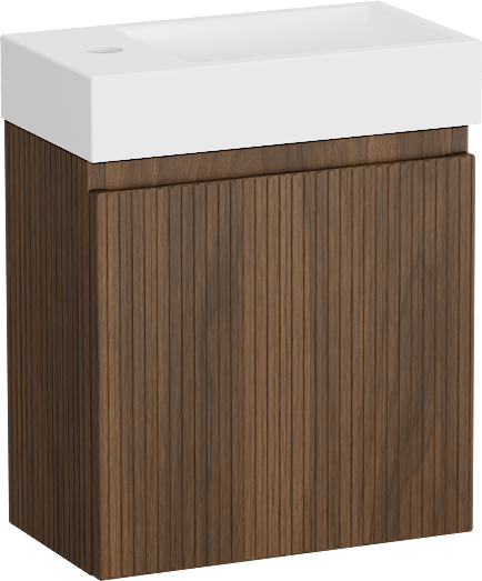 Storke Ribs meuble wc suspendu 40 x 22 cm noyer avec Vida plan vasque en marbre composite blanc brillant