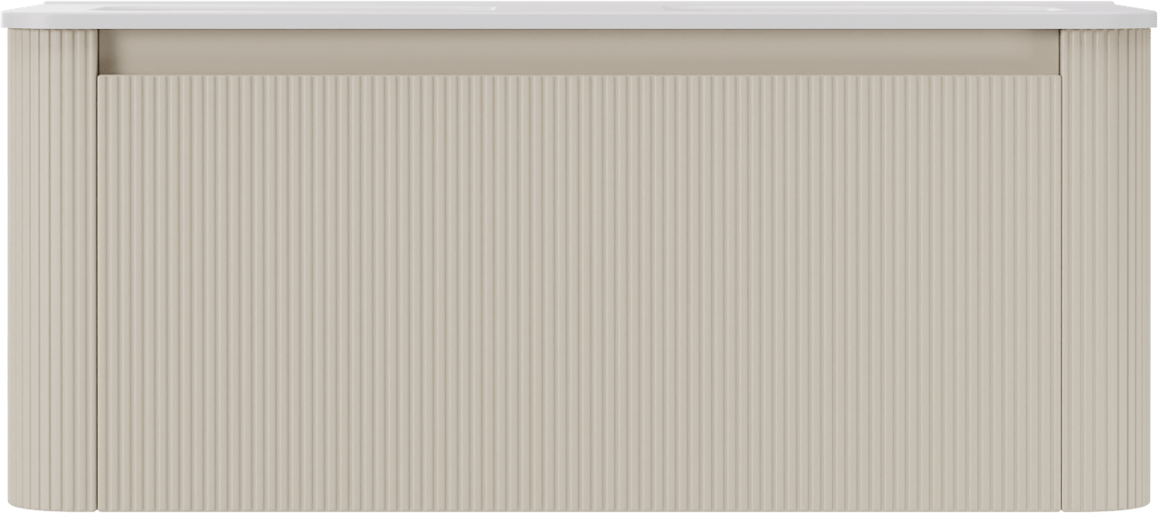 Storke Soft hängendes Möbelstück Set: 120 x 46 cm, Sand Matt, mit Kera Soft Doppelwaschtischplatte Keramik Weiβ matt, Vertikale symmetrische gerade Rippe