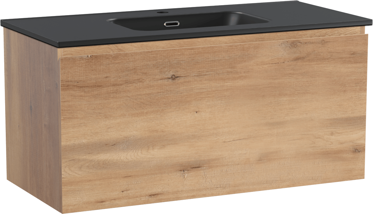 Linie Lado meuble salle de bains suspendu 100 x 46 cm chêne naturel avec Baro plan simple en porcelaine noir mat