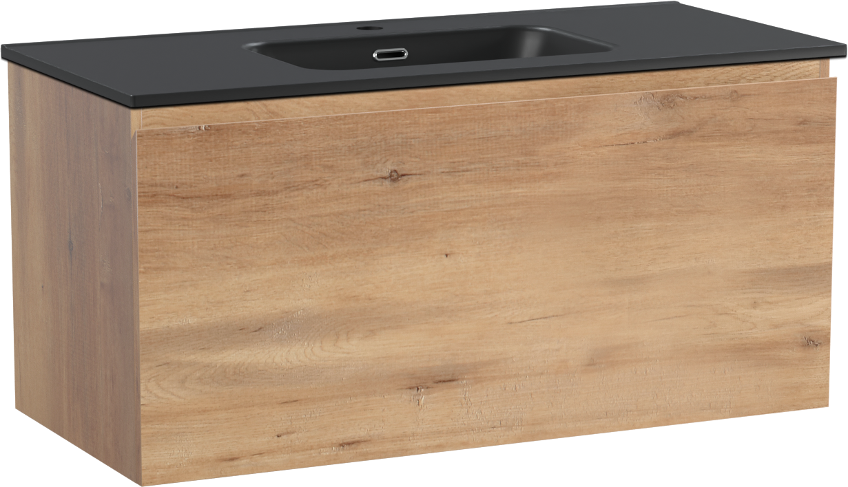 Linie Lado meuble salle de bains suspendu 100 x 46 cm chêne naturel avec Baro plan simple en porcelaine noir mat