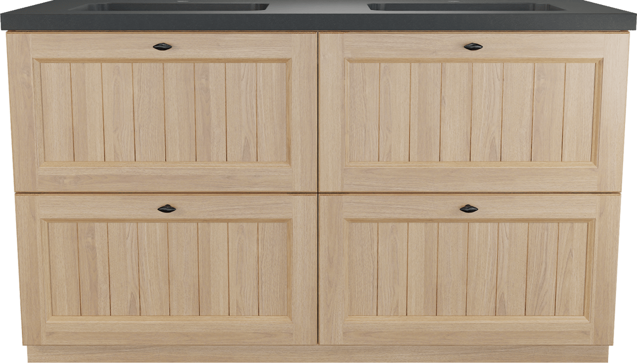 Balmani Lemon freistehendes Möbelstück Set: 150 x 55 cm, Naturbelassene Eiche Furnier, mit Napoli Doppelwaschtisch, Schwarzes Granit