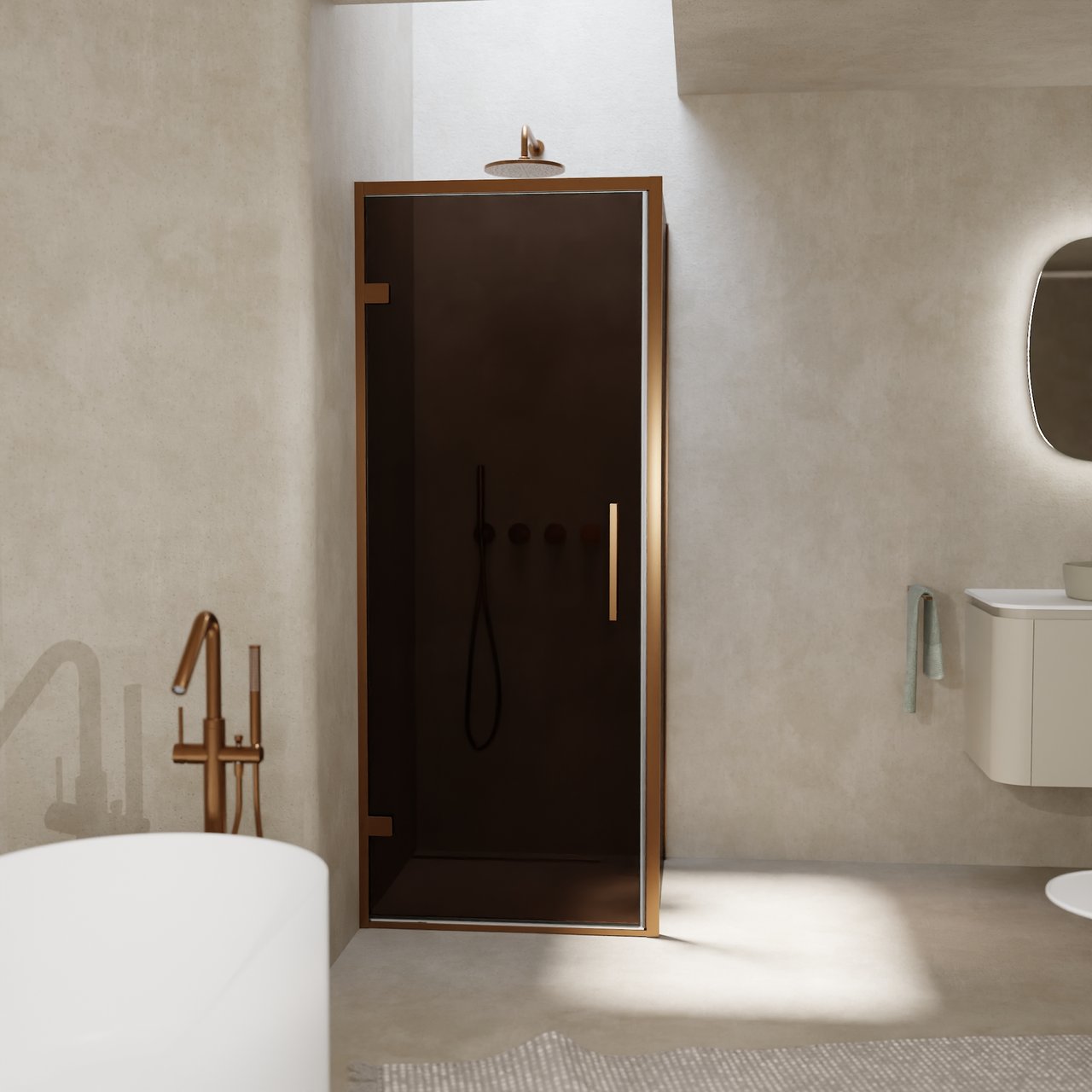 Balmani Senses Design douchecabine met linkse draaideur en vaste zijwand, 90 x 80 cm, Brons, Brushed Rosegold profielen