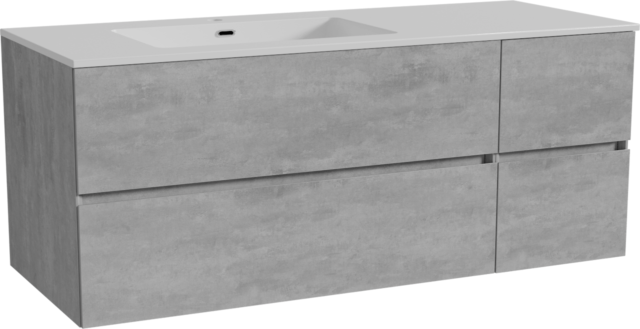 Storke Edge zwevend badkamermeubel 130 x 52 cm beton donkergrijs met Diva asymmetrisch linkse wastafel in composietmarmer glanzend wit