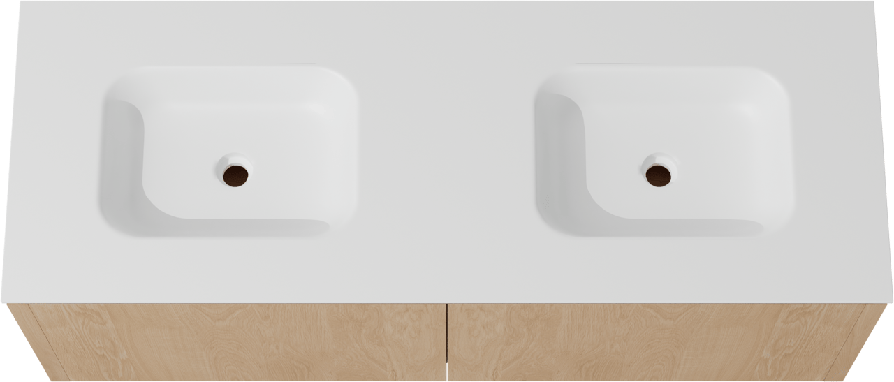 Balmani Eclips meuble salle de bains suspendu 150 x 55 cm Chêne naturelle avec Tablo Arcato double vasque en Solid Surface blanc mat