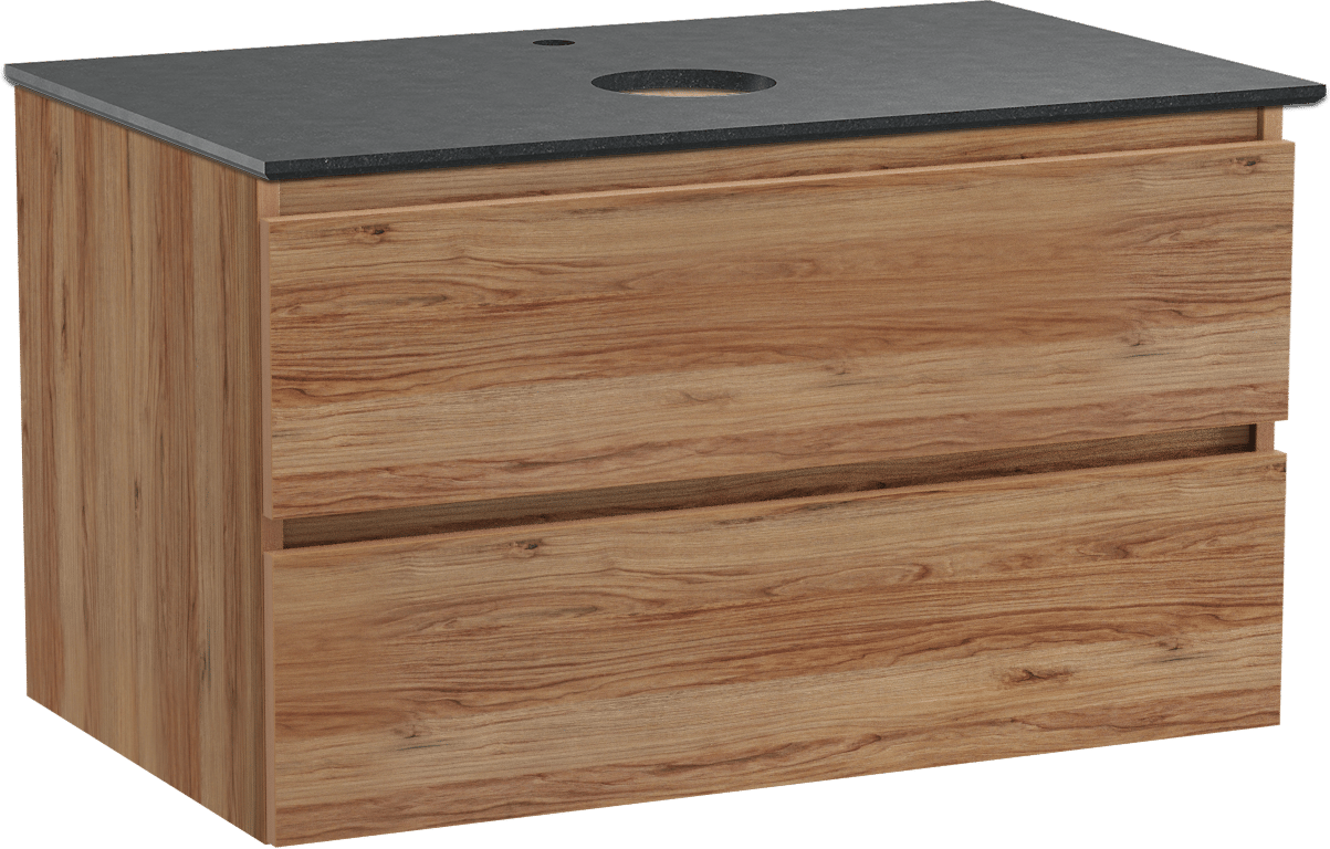 Balmani Lucida zwevend badkamermeubel 90 x 55 cm teak met Facetta enkel tablet in graniet zwart