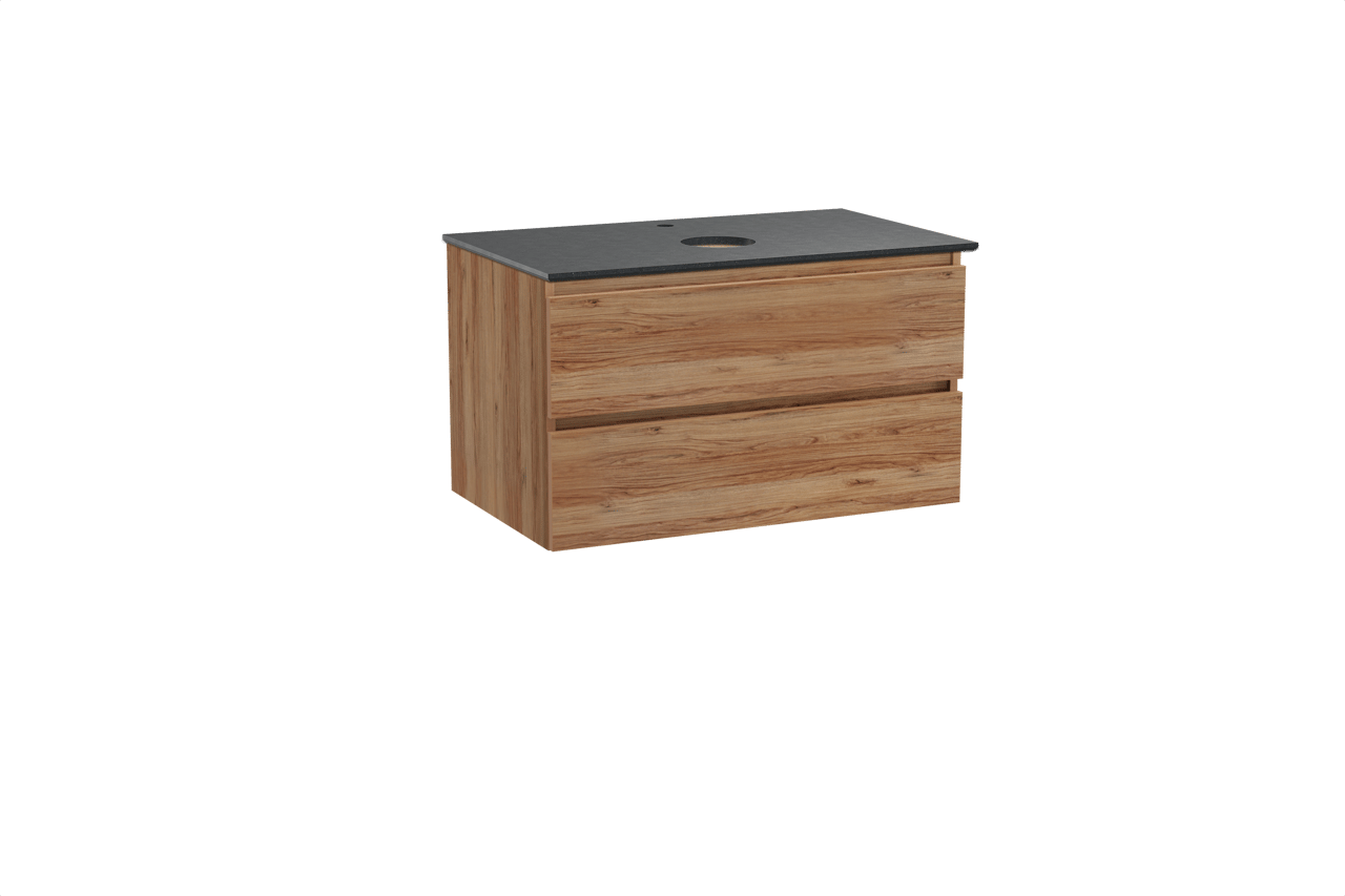 Balmani Lucida meuble salle de bains suspendu 90 x 55 cm teck avec Facetta tablette simple en granit noir