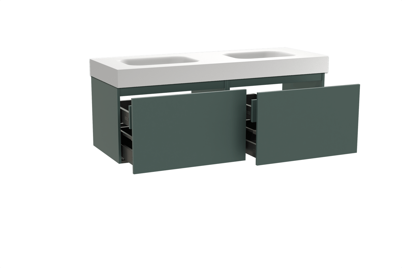 Balmani Sfera meuble salle de bains suspendu 150 x 55 cm forest avec Arcato double vasque en solid surface blanc mat
