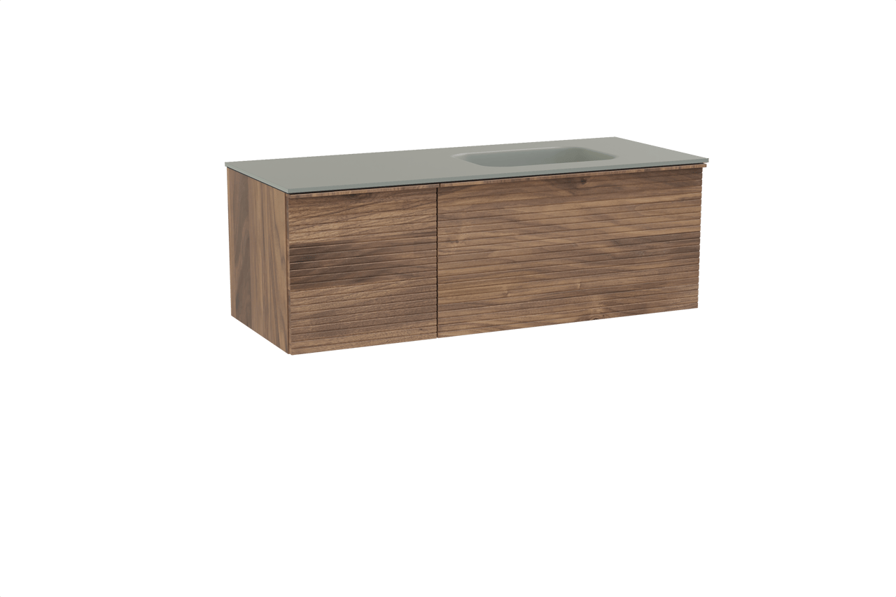 Balmani Forma zwevend badmeubel 135 x 55 cm amerikaans notenhout met Tablo Arcato asymmetrisch rechtse wastafel in solid surface steengrijs, Horizontale symmetrische rechte ribbel