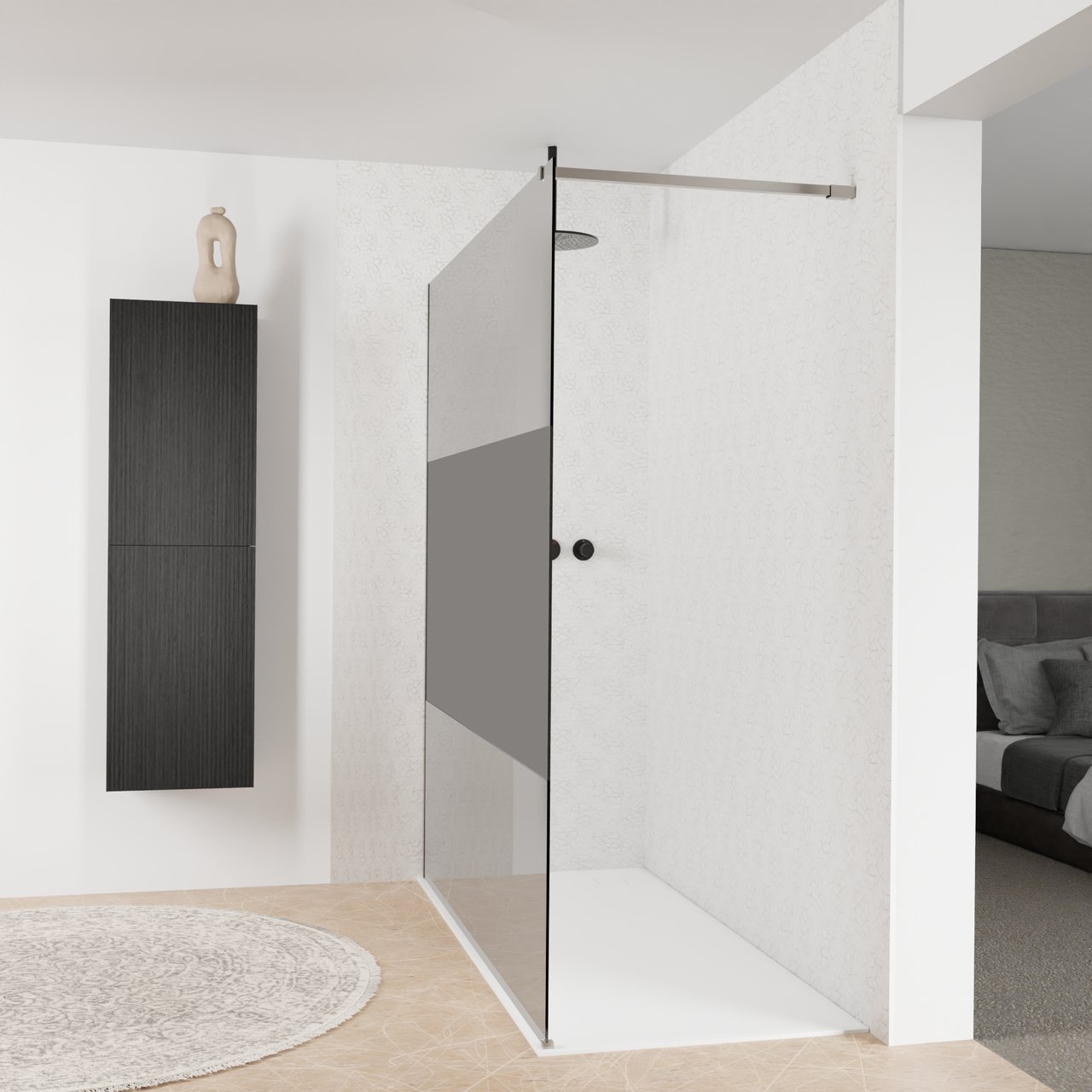 Balmani Modular douche à l'italienne: 180 x 200 cm, Verre fumé avec bande matte, avec coating, Profil Brushed Inox