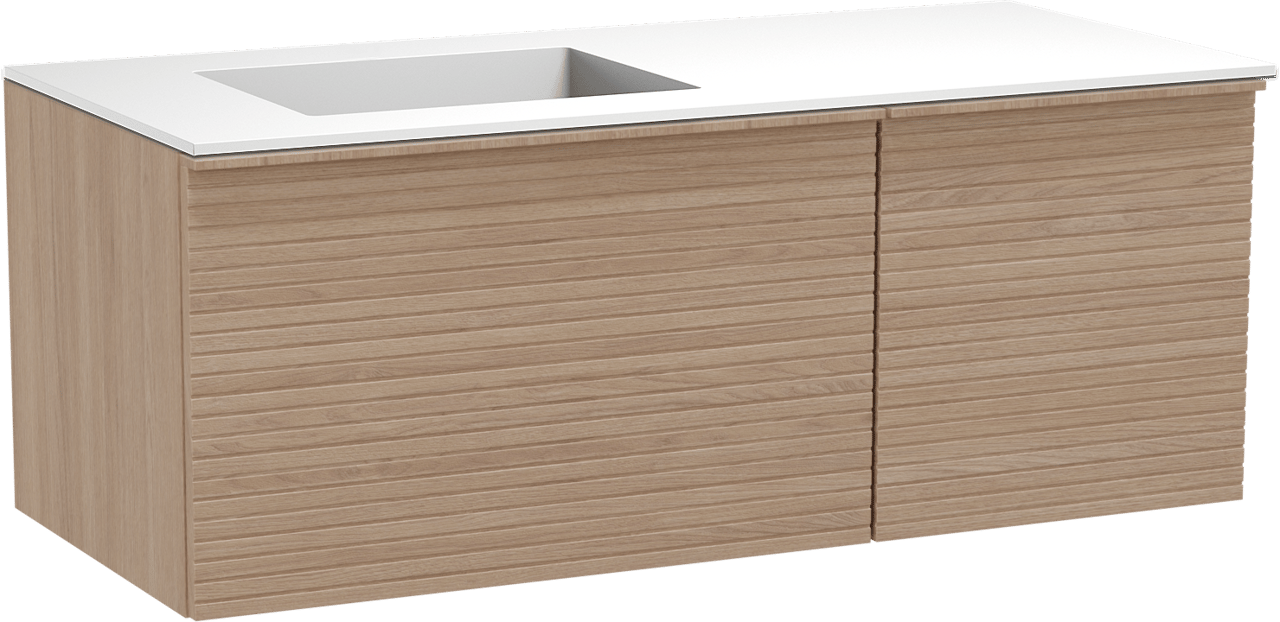 Balmani Forma hängendes Möbelstück Set: 120 x 55 cm, Naturbelassene Eiche, mit Tablo Stretto Waschtisch links, Solid Surface, Weiß matt, Horizontale symmetrische gerade Rippe