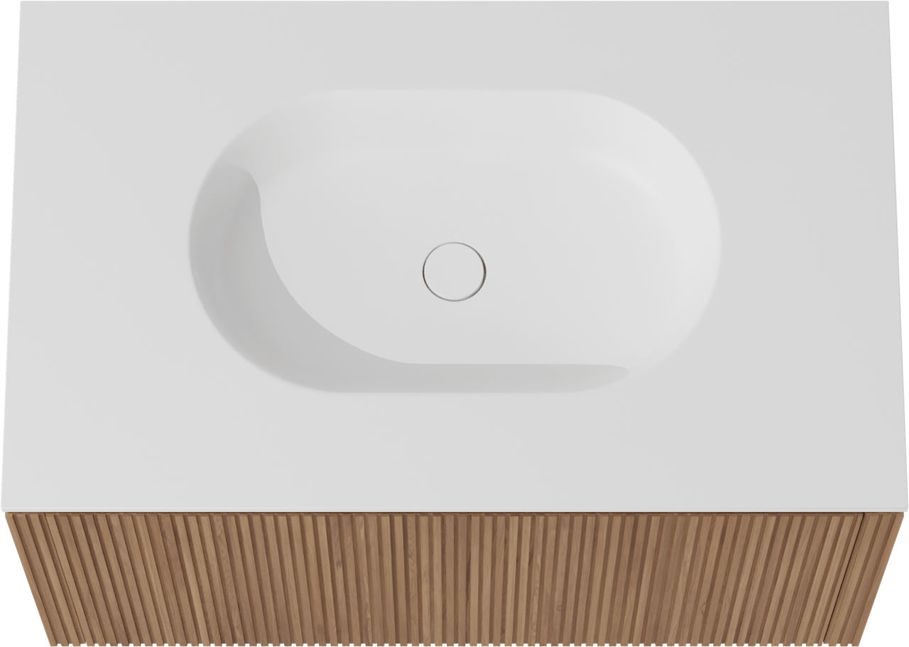 Balmani Eclips meuble salle de bains suspendu 90 x 55 cm Teck avec Tablo Oval plan simple en Solid Surface blanc mat, Nervure droite symétrique verticale