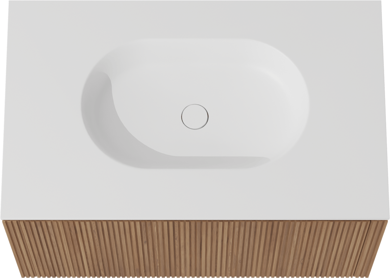 Balmani Eclips zwevend badkamermeubel 90 x 55 cm Teak met Tablo Oval enkele wastafel in Solid Surface mat wit, Verticale symmetrische rechte ribbel