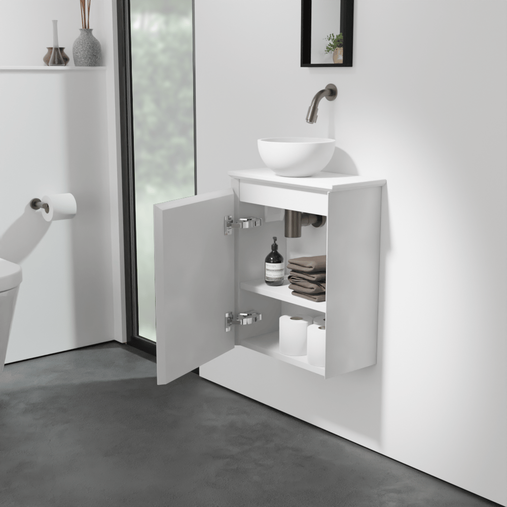 Balmani Mitra meuble wc suspendu 42 x 21 cm blanc mat avec Facetta tablette et Jazz vaque à poser en Solid Surface mat