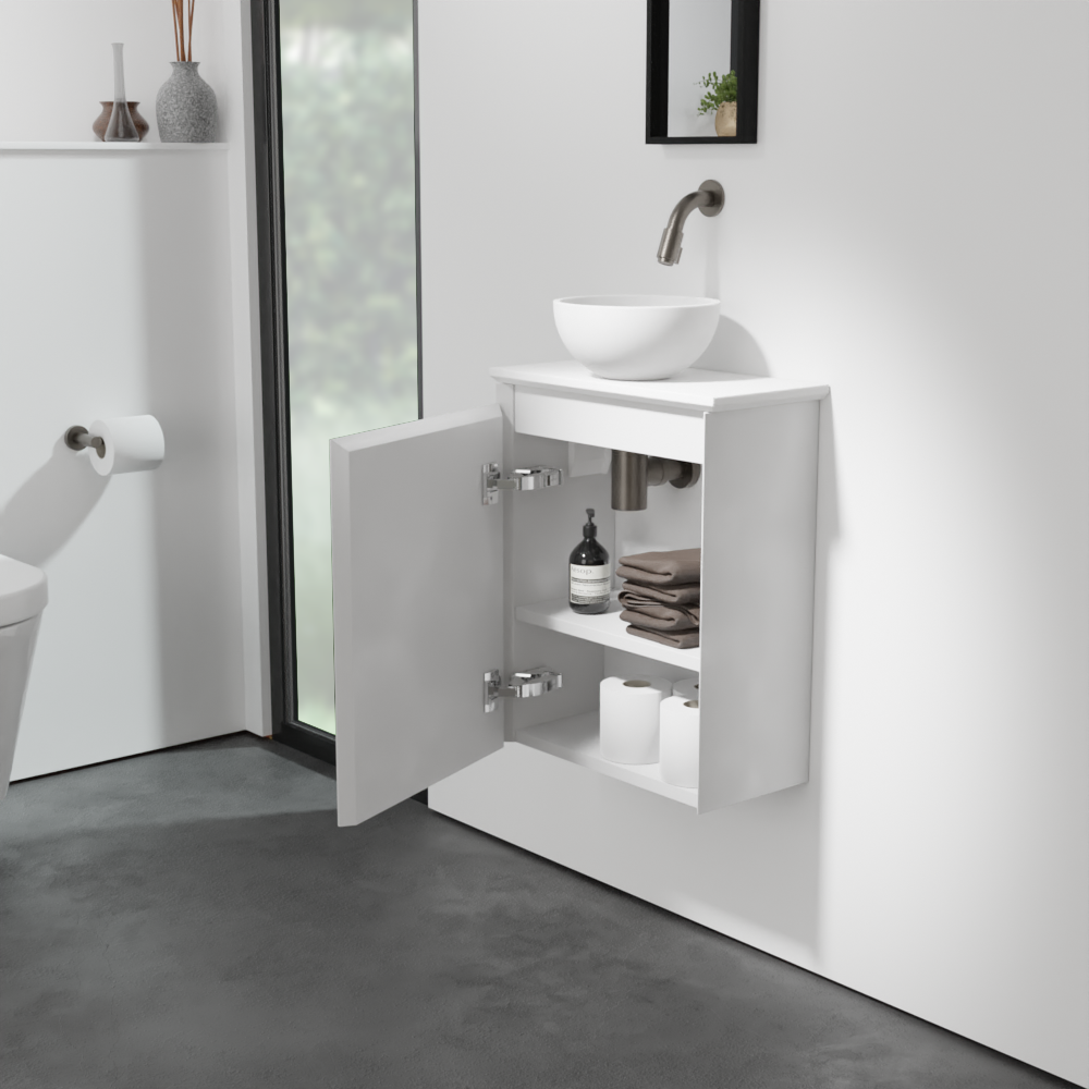 Balmani Mitra meuble wc suspendu 42 x 21 cm blanc mat avec Facetta tablette et Jazz vaque à poser en Solid Surface mat