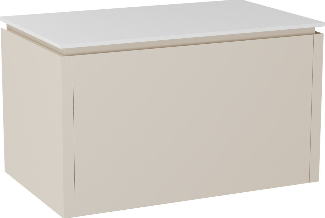 Balmani Eclips hängendes Möbelstück Set: 90 x 55 cm, Sandbeige, mit Stretto Einzel Waschtischplatte Solid Surface Weiβ matt