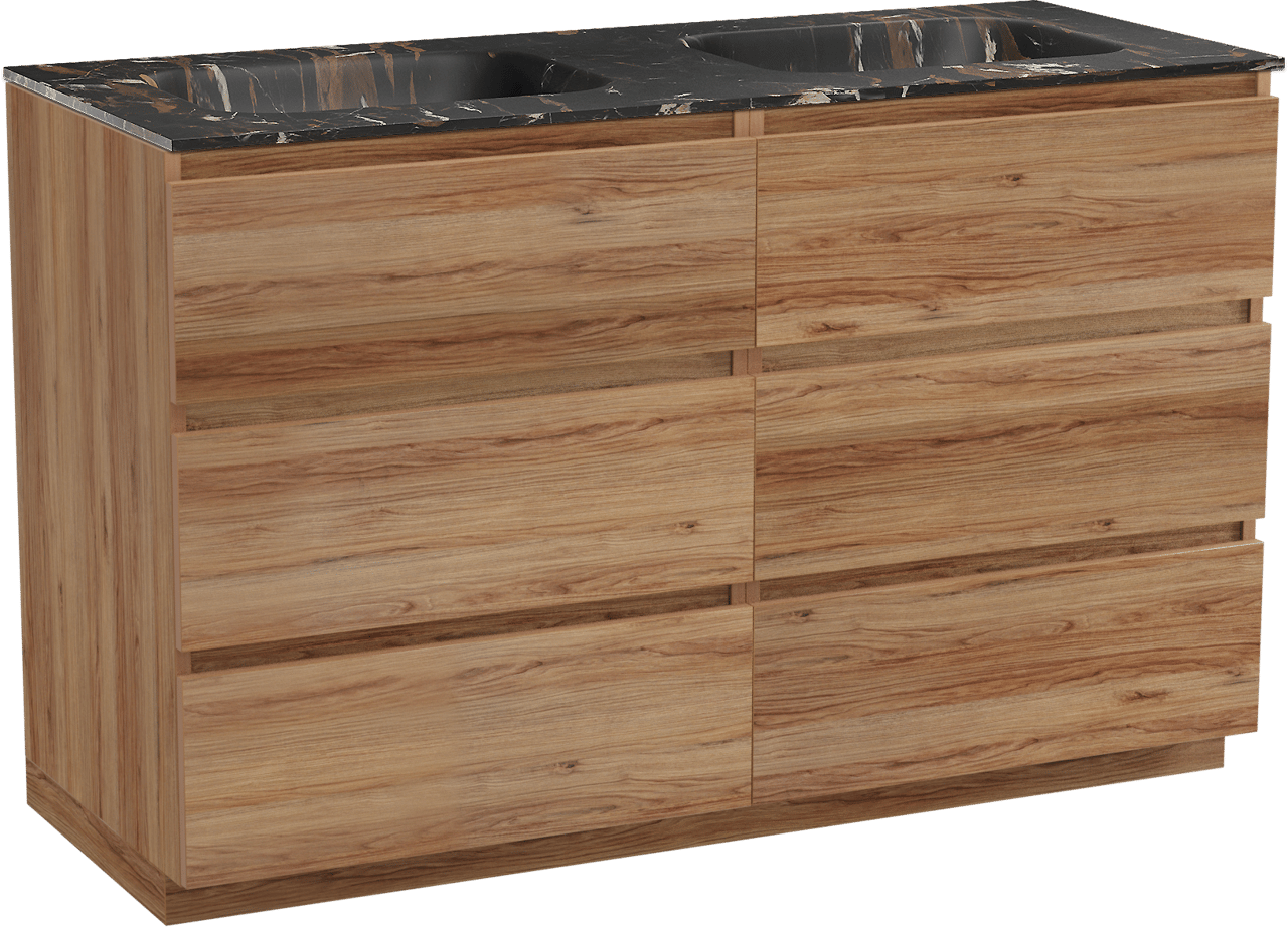 Balmani Lucida freistehendes Möbelstück Set: 135 x 55 cm, Teak, mit Tablo Arcato Doppelwaschtisch, Marmor Portoro Gold