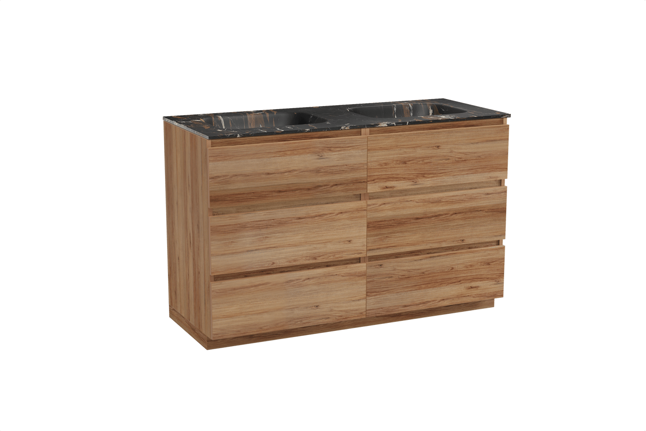 Balmani Lucida freistehendes Möbelstück Set: 135 x 55 cm, Teak, mit Tablo Arcato Doppelwaschtisch, Marmor Portoro Gold