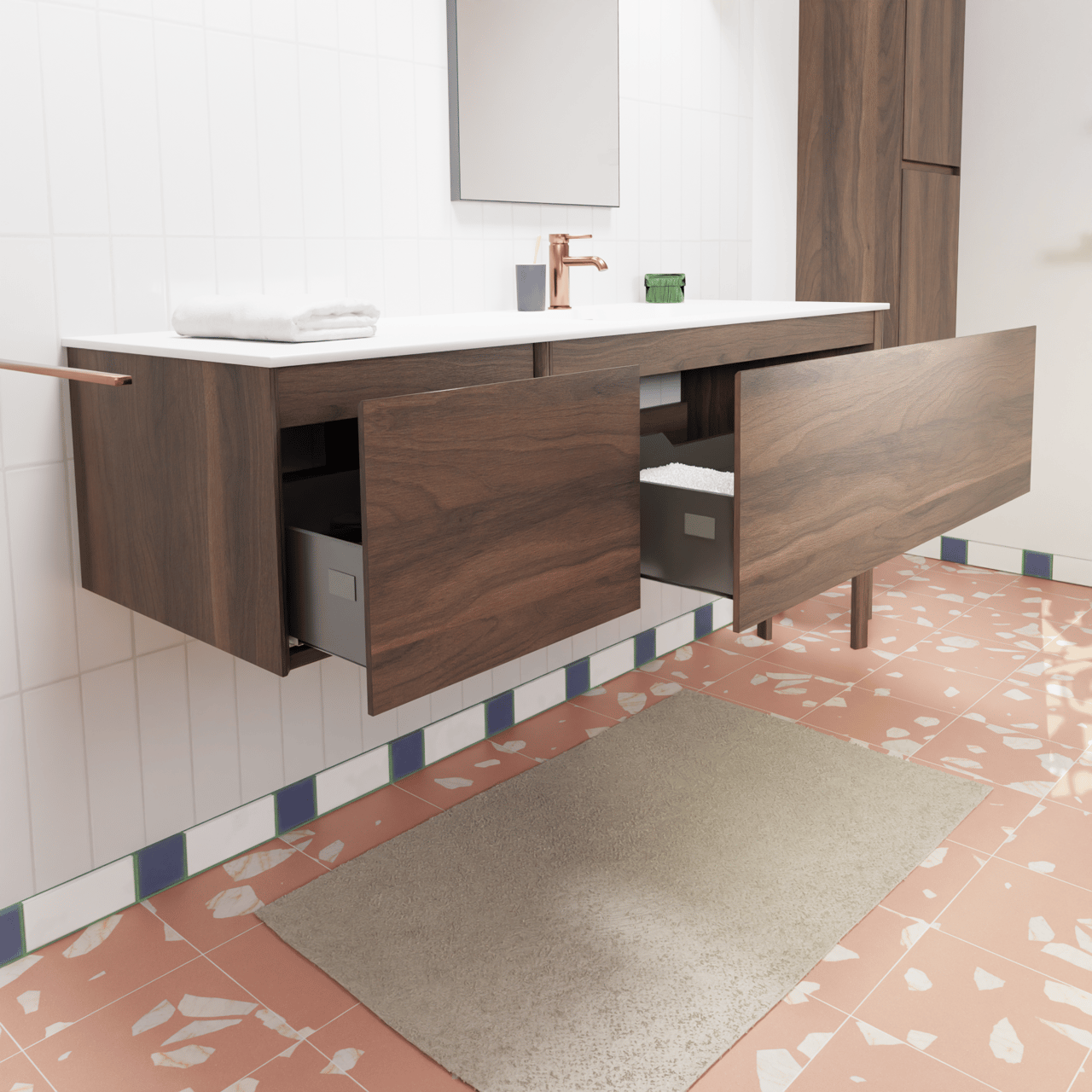 Storke Edge hängendes Möbelstück Set: 150 x 52 cm, Nussbaum, mit Mata Waschtisch rechts, Solid Surface Weiß matt