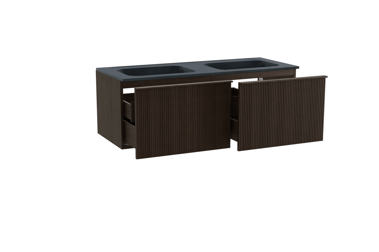 Balmani Forma hängendes Möbelstück Set: 135 x 55 cm, Geräucherte Eiche, mit Tablo Strada Doppelwaschtisch, Marmorkomposit, Schwarz matt, Vertikale symmetrische gerade Rippe