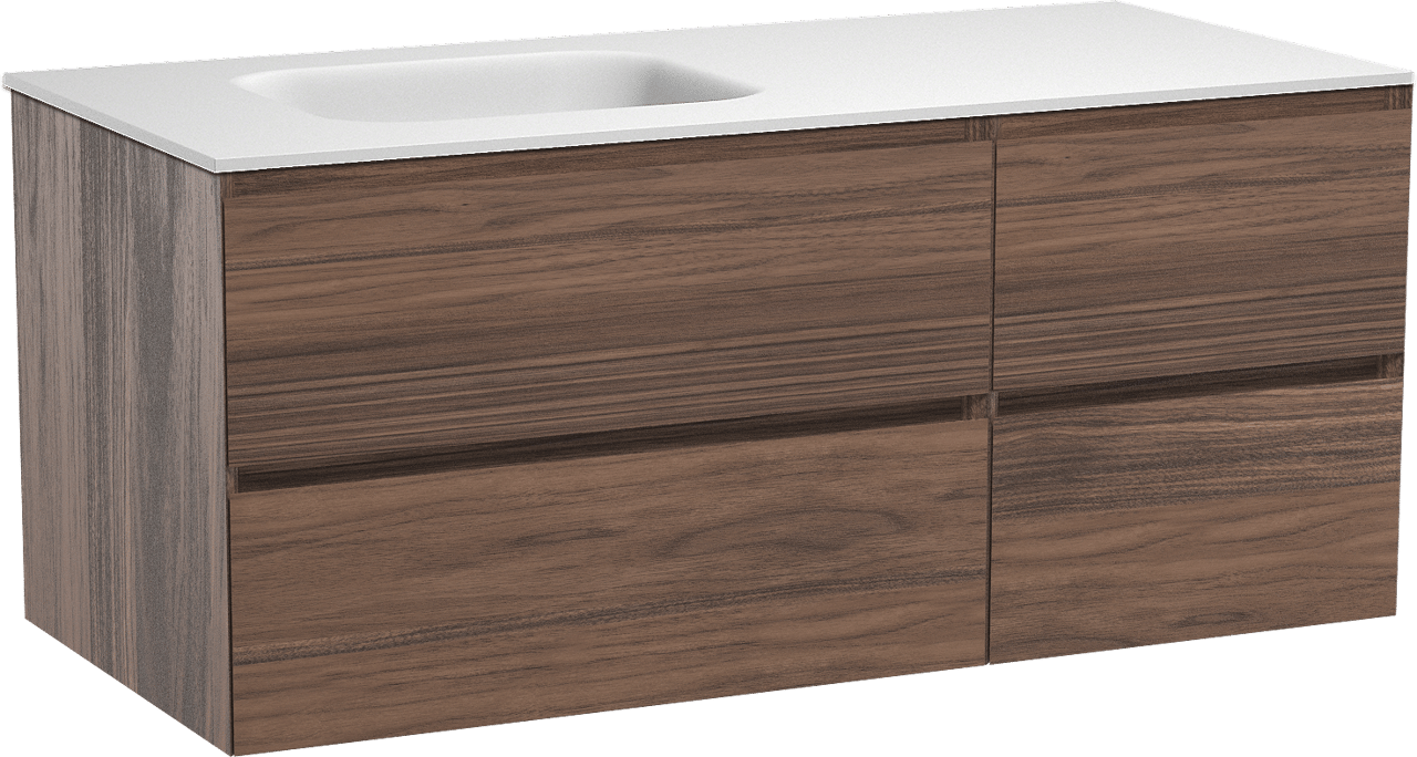 Balmani Mitra hängendes Möbelstück Set: 120 x 55 cm, Nussbaum, mit Tablo Arcato Waschtisch links, Solid Surface Weiß matt