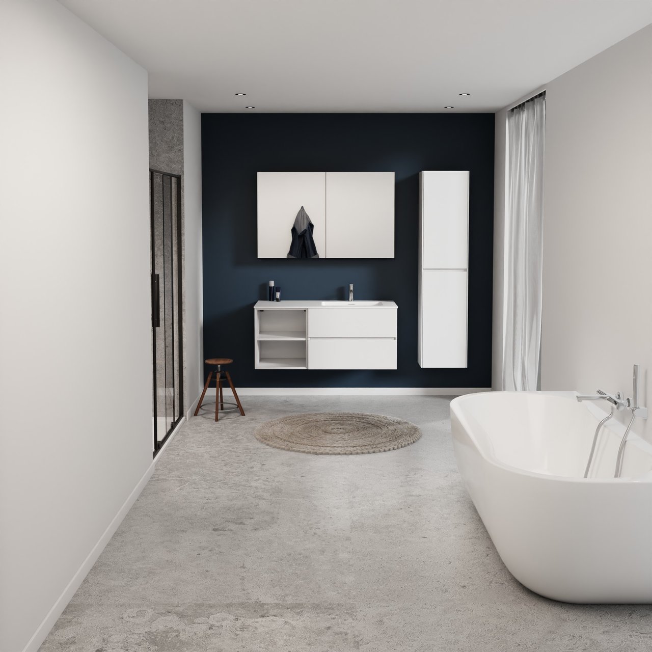 Storke Edge hängendes Möbelstück Set: 120 x 52 cm, Weiß glänzend, mit Mata Waschtisch rechts, Solid Surface Weiß matt