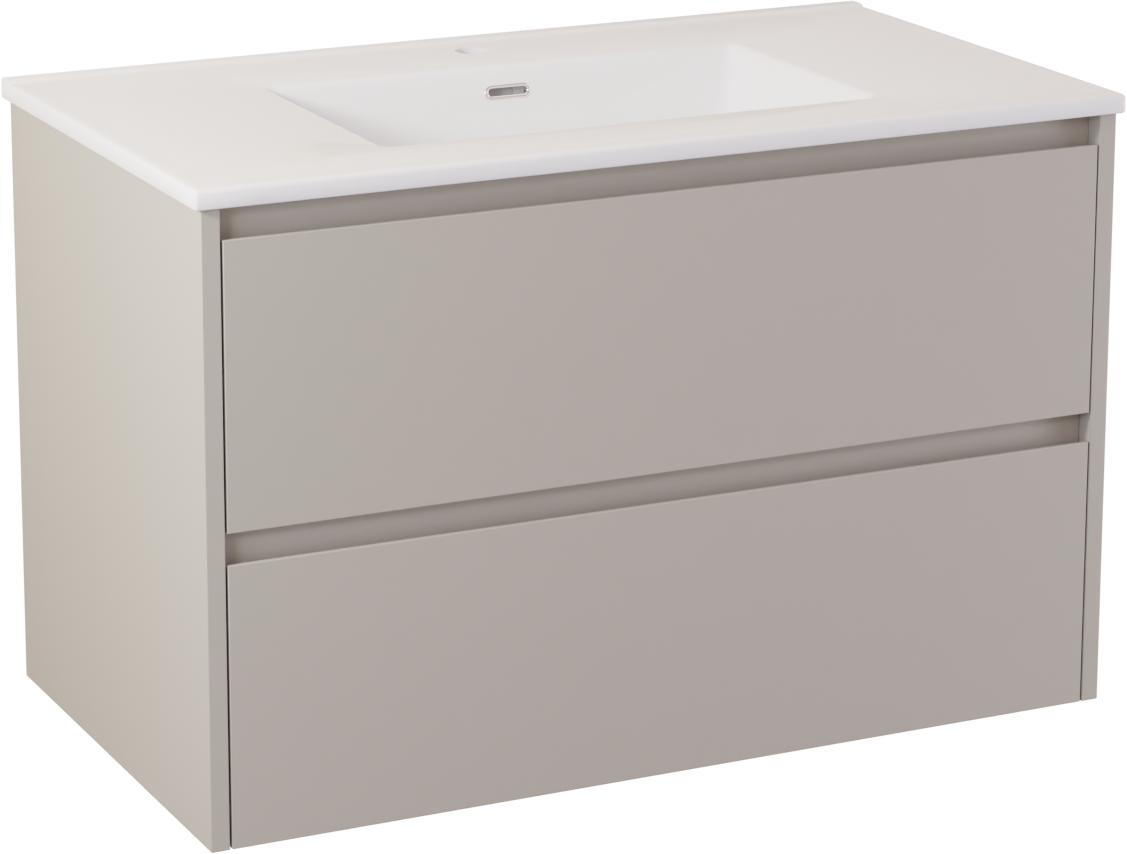 Storke Seda hängendes Möbelstück Set: 95 x 52 cm, Seidengrau, mit Kera Doppelwaschtisch, Keramik Weiß glänzend, inklusive Ablaufventil