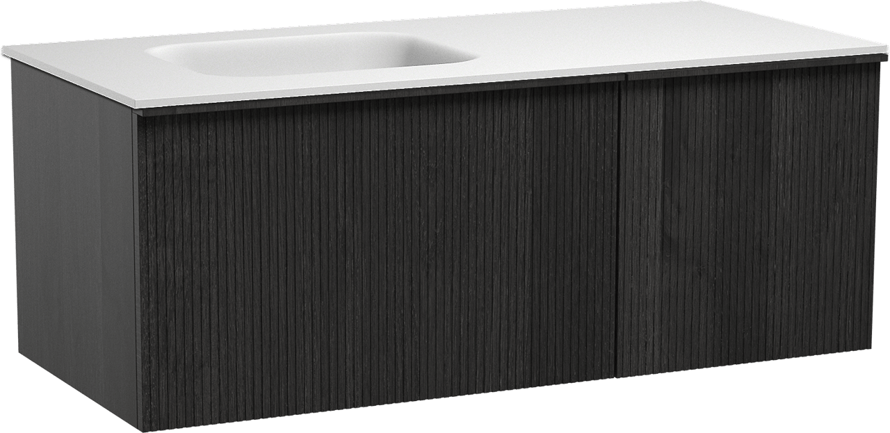 Balmani Forma hängendes Möbelstück Set: 120 x 55 cm, Schwarze Eiche, mit Tablo Arcato Waschtisch links, Solid Surface, Weiß matt, Vertikale symmetrische gerade Rippe