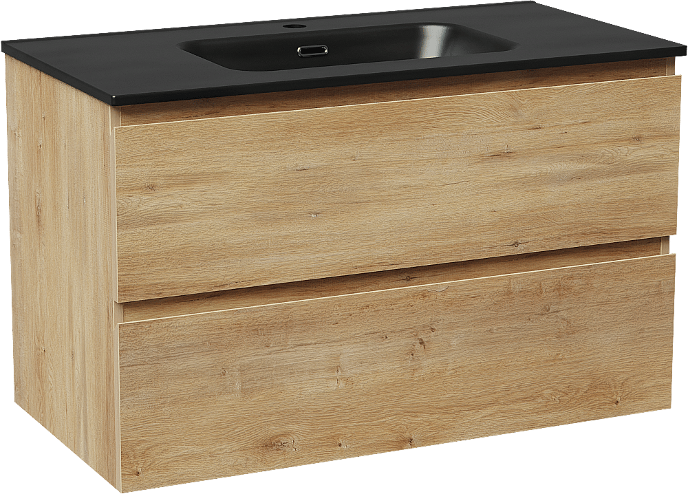 Linie Lado zwevend badmeubel 90 x 46 cm naturel eiken met Baro enkele wastafel in porselein mat zwart