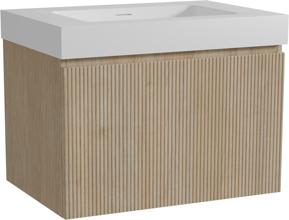 Storke Ribs zwevend badmeubel 75 x 52 cm ruw eiken met Mata High enkele wastafel in solid surface mat wit, Verticale symmetrische rechte ribbel