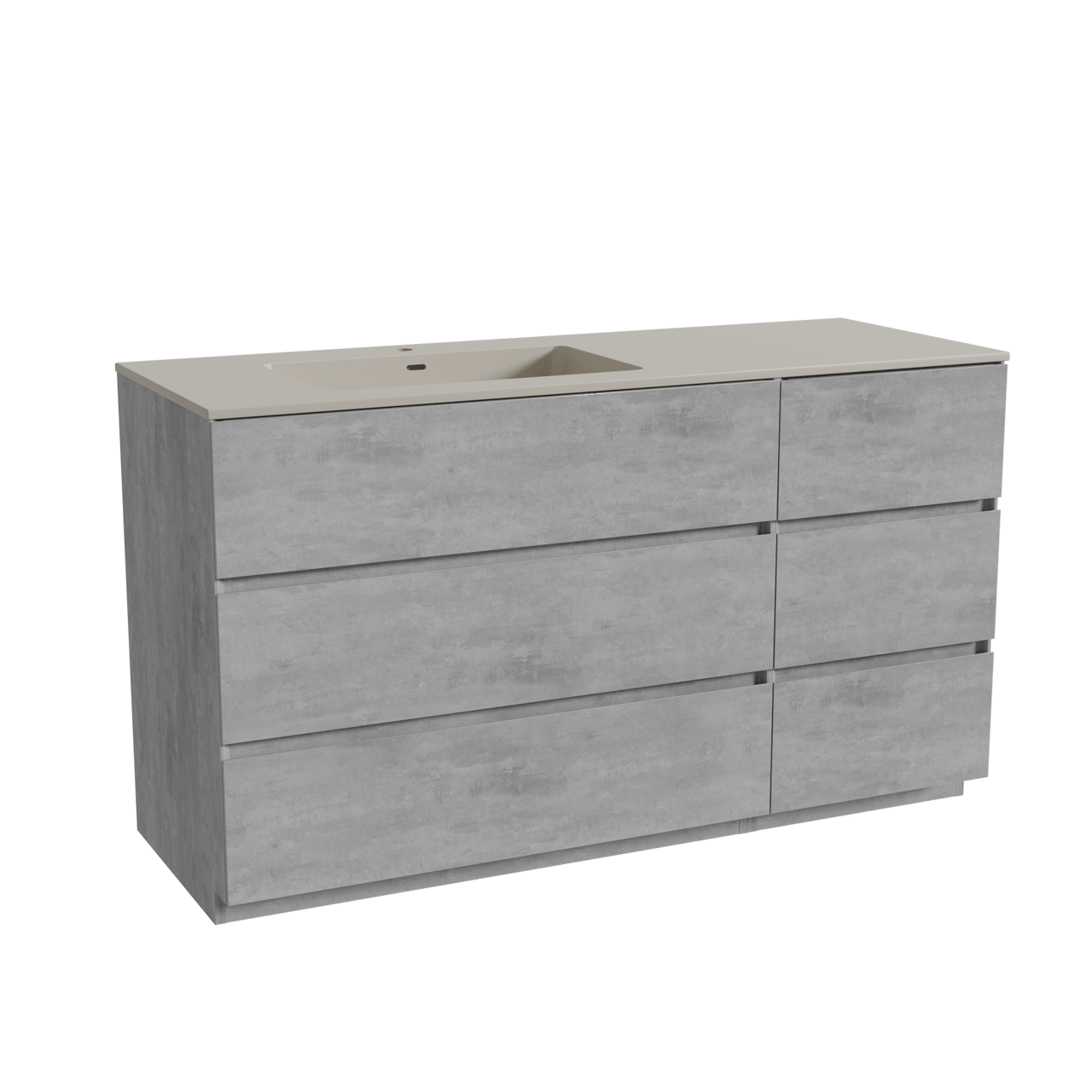 Storke Edge staand badkamermeubel 140 x 52 cm beton donkergrijs met Diva asymmetrisch linkse wastafel in top solid zijdegrijs