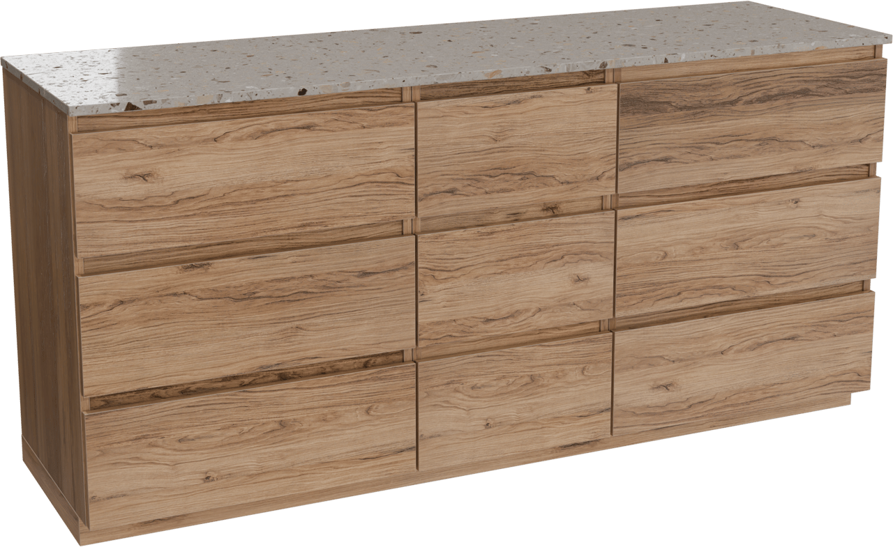 Balmani Lucida meuble salle de bains à poser 180 x 55 cm teck avec Stretto tablette simple ou double en terrazzo greige terrazzo