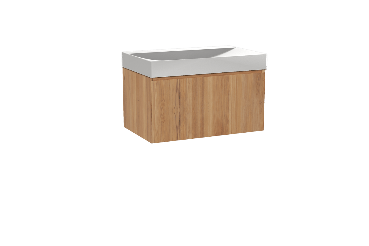 Balmani Idra hängendes Möbelstück Set: 90 x 55 cm, Teak, mit Wave Einzelwaschtisch, Solid Surface Weiß matt