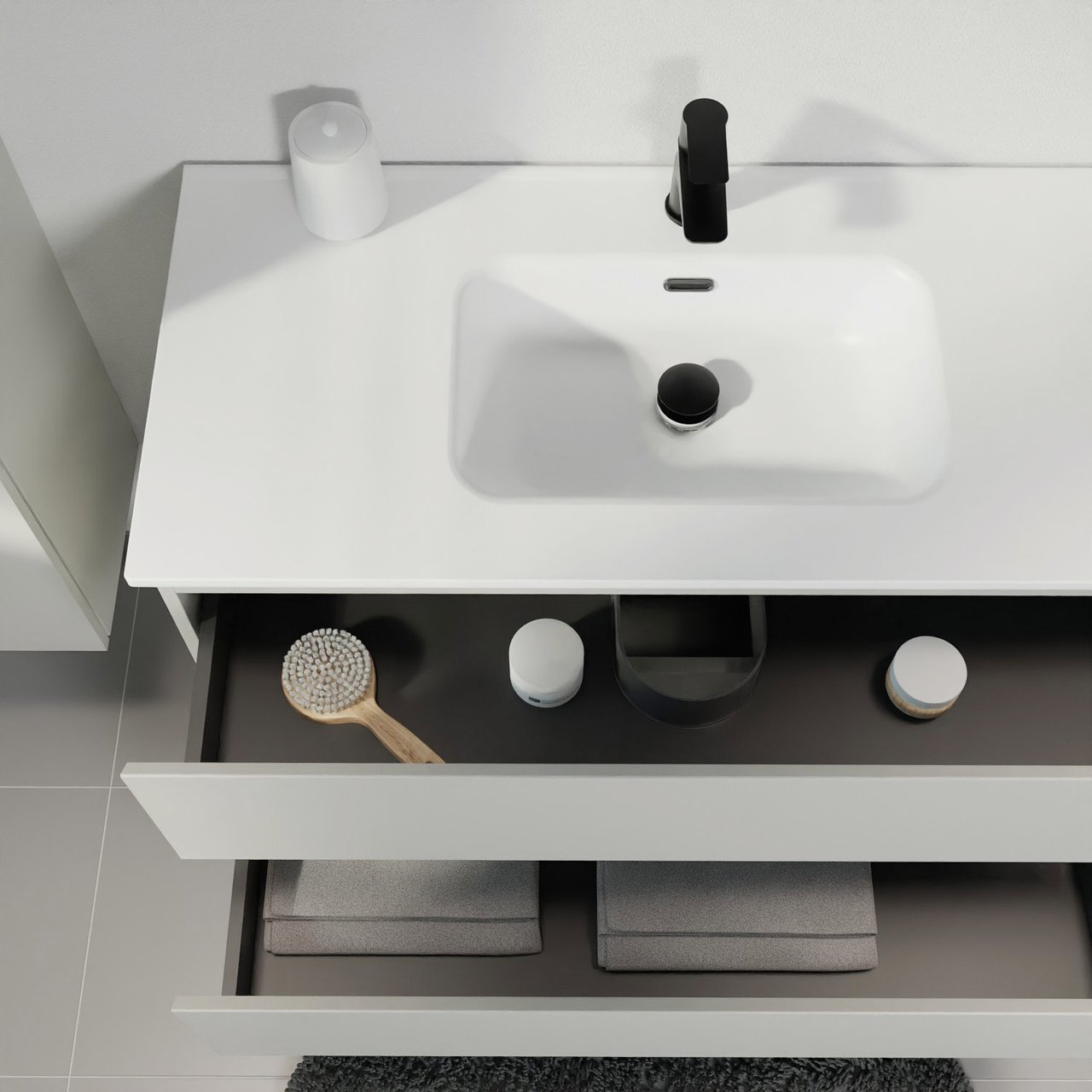 Linie Lado meuble salle de bains suspendu 120 x 46 cm greige avec Baro double vasque en porcelaine blanc mat