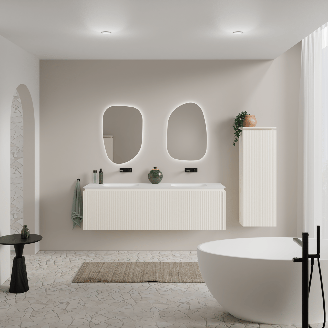 Balmani Eclips hängendes Möbelstück Set: 180 x 55 cm, Sandbeige, mit Eclips Doppelwaschtisch Solid Surface Weiβ matt, Vertikale symmetrische gerade Rippe