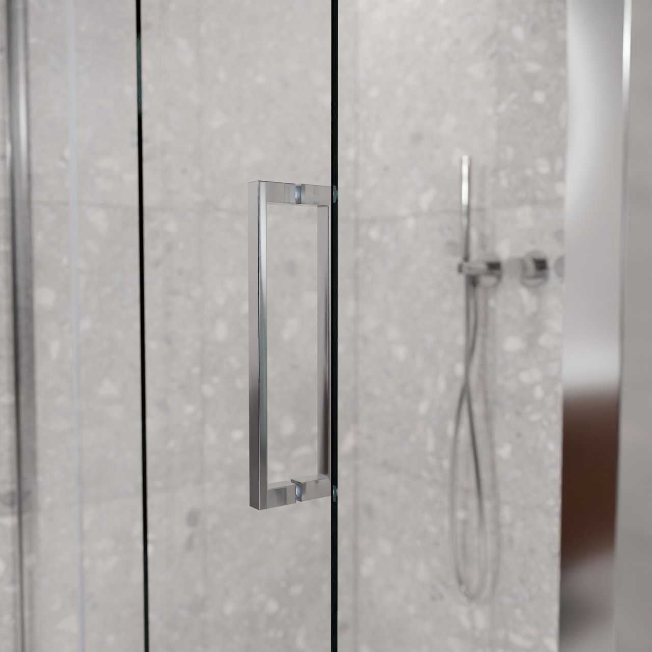 Balmani Senses Design douche d'angle avec porte coulissante à gauche et paroi latérale fixe, 160 x 90 cm, Verre transparent, Profil Chrome brillant