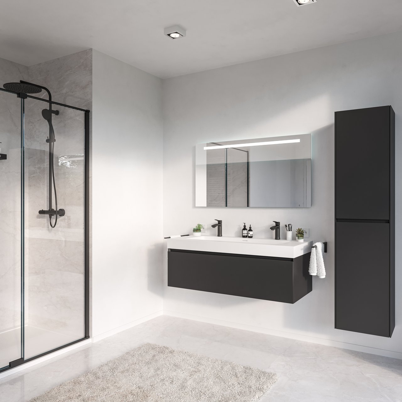 Storke Edge hängender Waschbeckenunterschrank: 120 x 52 cm, Schwarz matt, 1 Schublade, 2 Siphonaussparungen