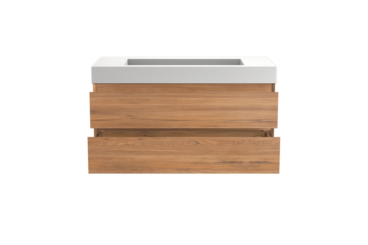 Balmani Mitra hängendes Möbelstück Set: 120 x 55 cm, Teak, mit Modus Einzelwaschtisch für 2 Armaturenlöcher, Solid Surface Weiß matt