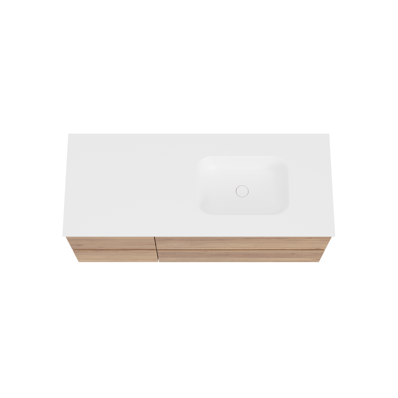 Balmani Lucida zwevend badkamermeubel 135 x 55 cm teak met Tablo Arcato asymmetrisch rechtse wastafel in solid surface mat wit