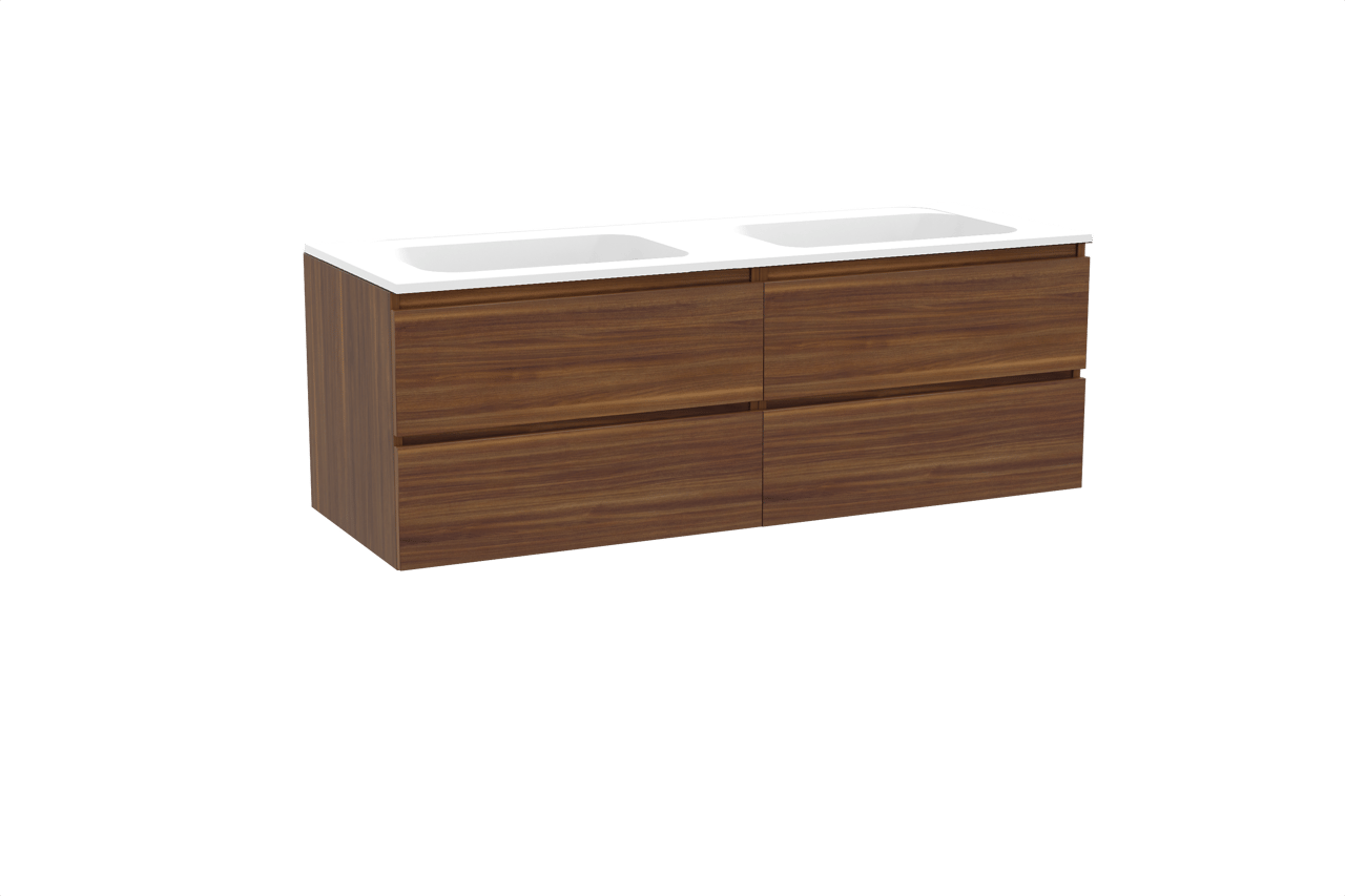 Balmani Lucida hängendes Möbelstück Set: 150 x 55 cm, Amerikanischer Nussbaum, mit Tablo Strada Doppelwaschtisch, Marmorkomposit Weiß matt