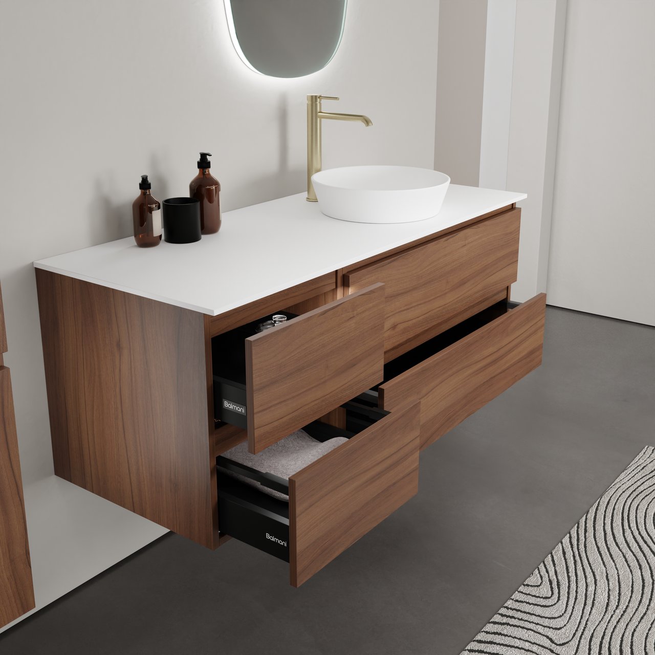 Balmani Lucida meuble salle de bains suspendu 135 x 55 cm noyer américain avec Stretto tablette simple ou double en solid surface blanc mat