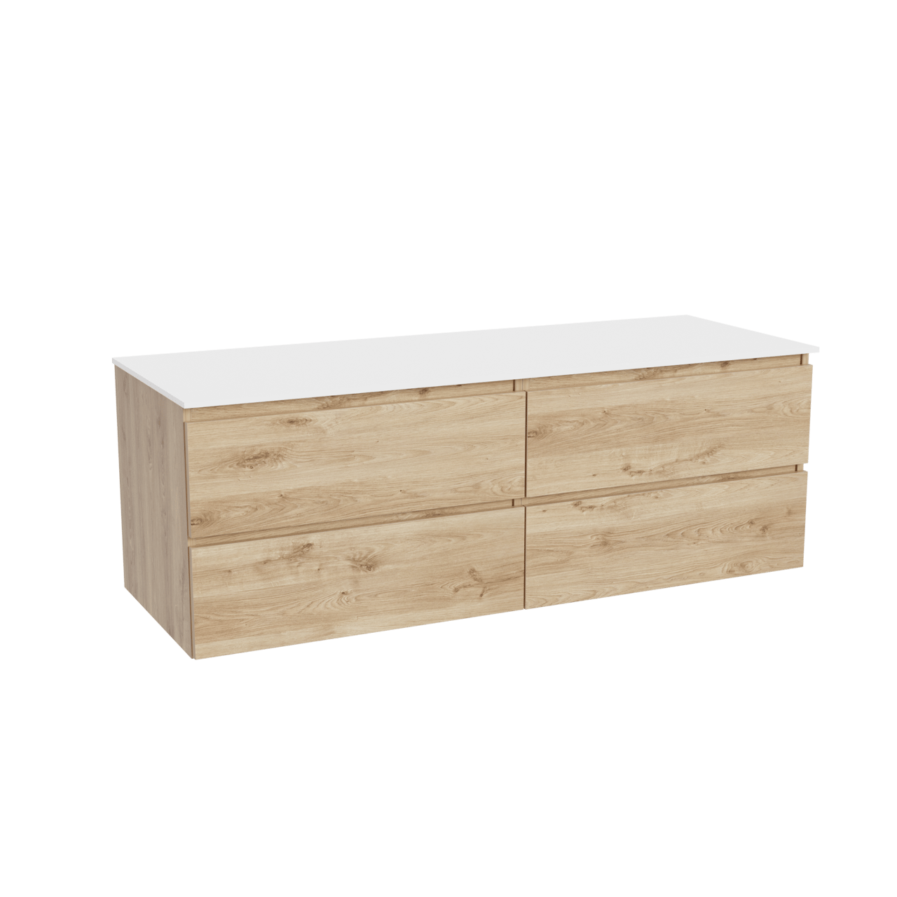 Balmani Lucida hängendes Möbelstück Set: 150 x 55 cm, Rohe Eiche, mit Stretto Einzel- oder Doppel Waschtischplatte, Solid Surface Weiß matt