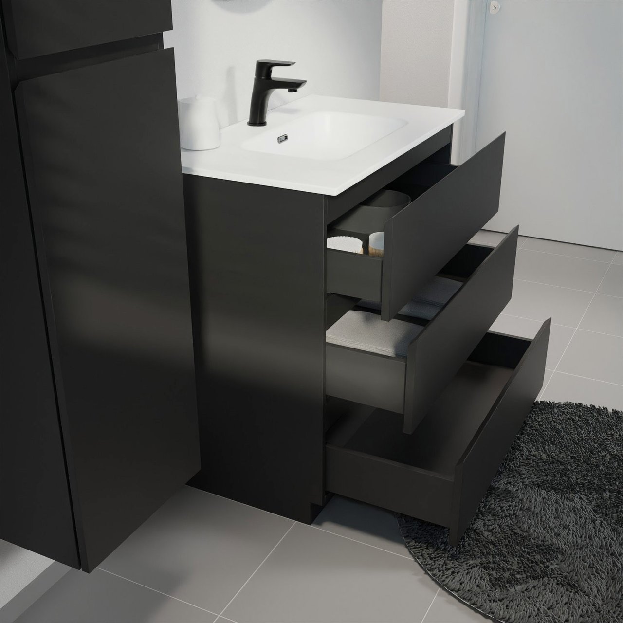 Linie Lado meuble salle de bains à poser 80 x 46 cm noir mat avec Baro plan simple en porcelaine blanc mat