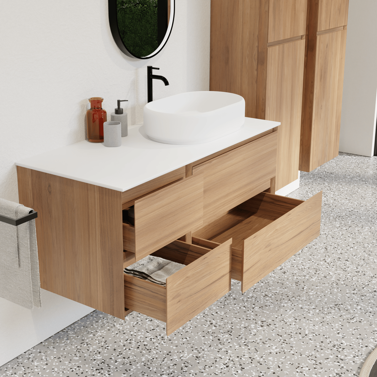 Balmani Mitra zwevend badkamermeubel 120 x 55 cm teak met Stretto enkel of dubbel tablet in solid surface mat wit